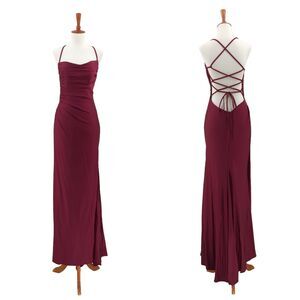 La Femme Women 10 Gown Dress Dark Berry Red 29710 Jersey Square Neck Slit Ruched